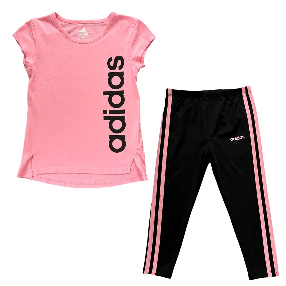 adidas Little Girl's T-Shirt & Leggings Outfit Size 4-5 Black/Pink Stylish Set